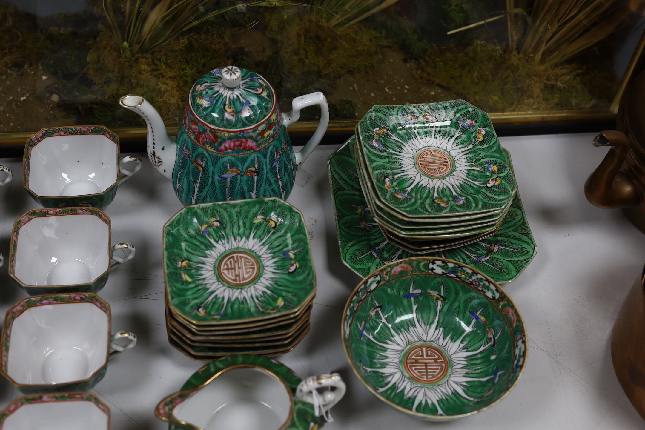 A Chinese pakchoi cabbage pattern set of tea cups and saucers, others similar, Republic period